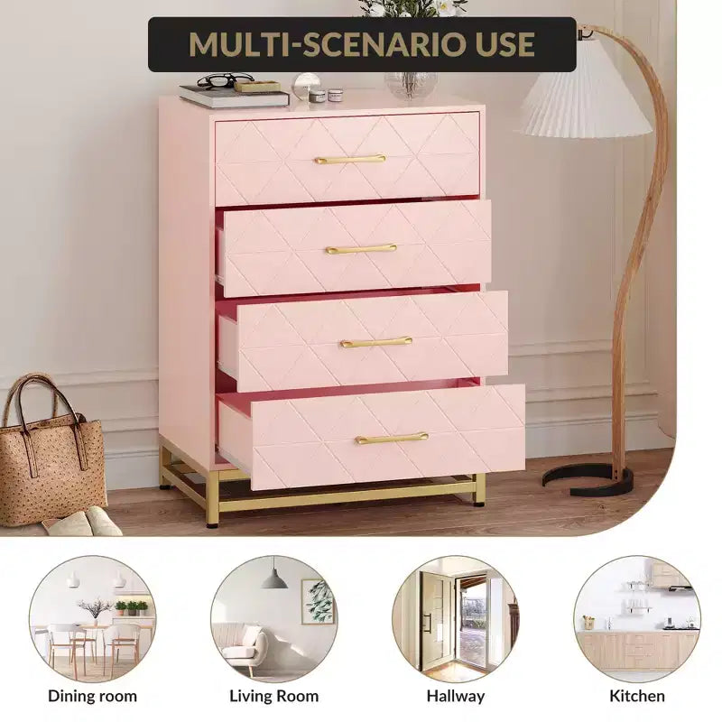 Wooden drawer cabinet, modern tall storage unit with anti-tip device, suitable for bedrooms, living rooms, and hallways.