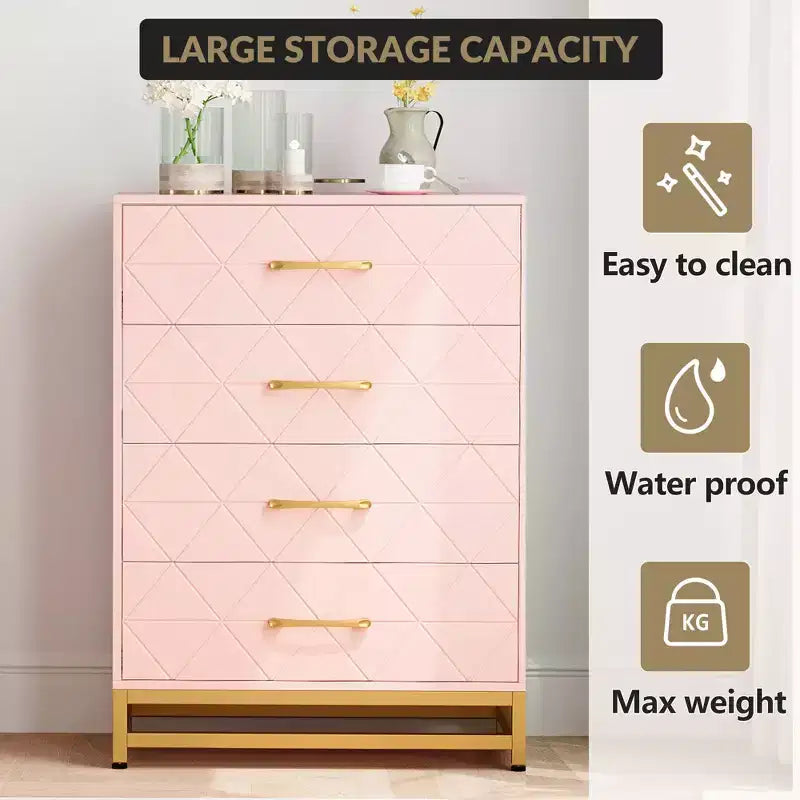 Wooden drawer cabinet, modern tall storage unit with anti-tip device, suitable for bedrooms, living rooms, and hallways.