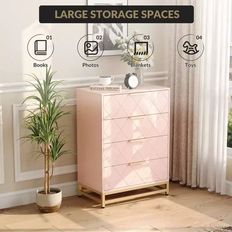 Wooden drawer cabinet, modern tall storage unit with anti-tip device, suitable for bedrooms, living rooms, and hallways.