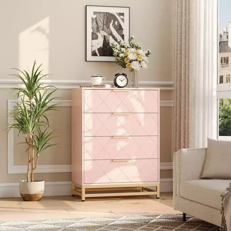 Wooden drawer cabinet, modern tall storage unit with anti-tip device, suitable for bedrooms, living rooms, and hallways.