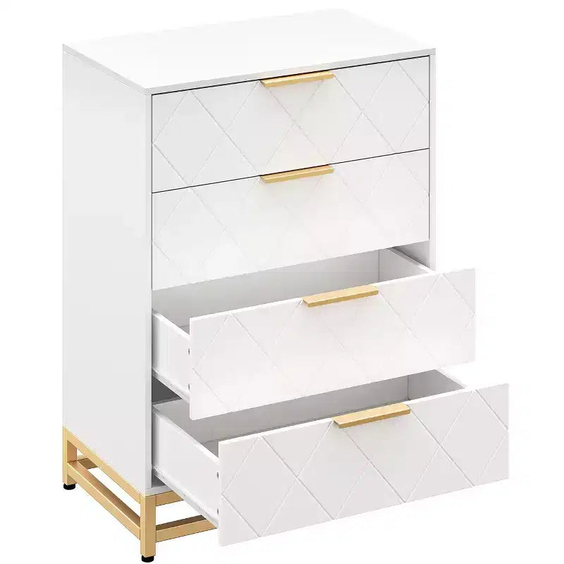 Wooden drawer cabinet, modern tall storage unit with anti-tip device, suitable for bedrooms, living rooms, and hallways.