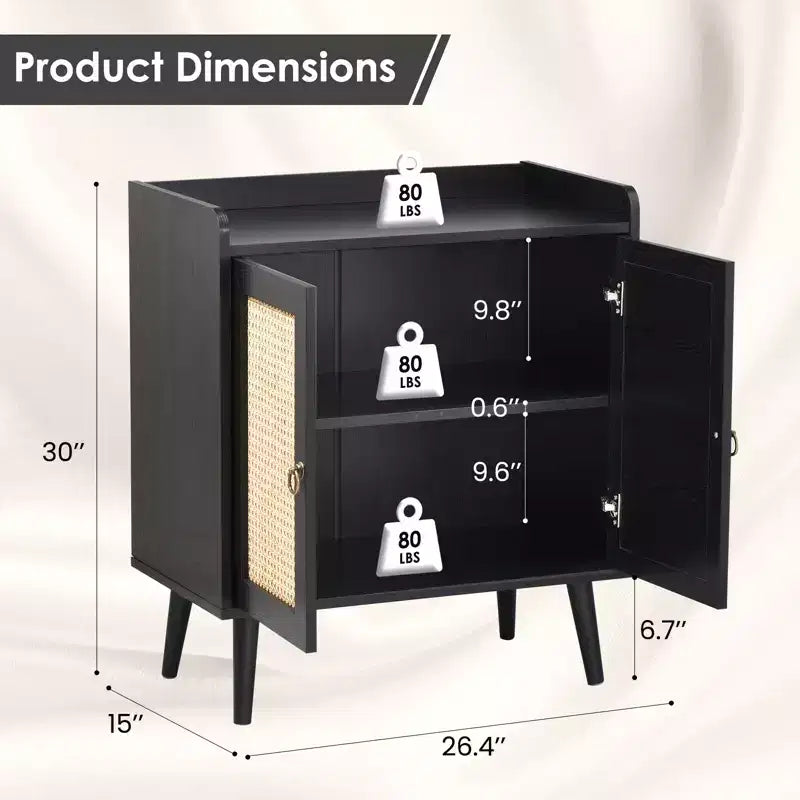 Sideboard Buffet Cabinet with Storage, Bar Liquor Cabinet with Rattan Decorated Doors, Credenza Console Tablefor -Black
