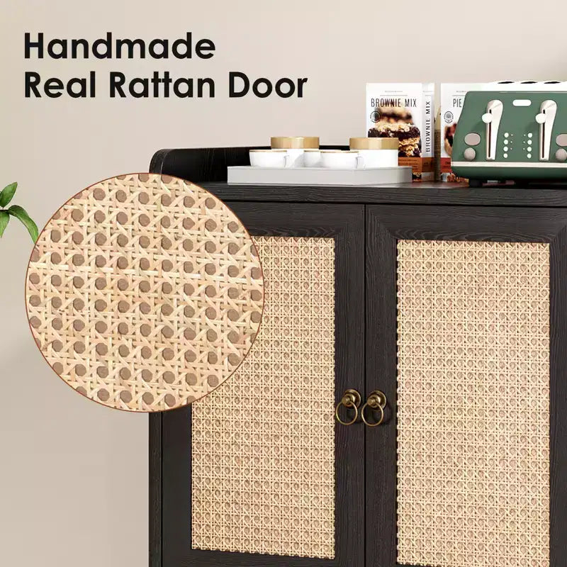 Sideboard Buffet Cabinet with Storage, Bar Liquor Cabinet with Rattan Decorated Doors, Credenza Console Tablefor -Black