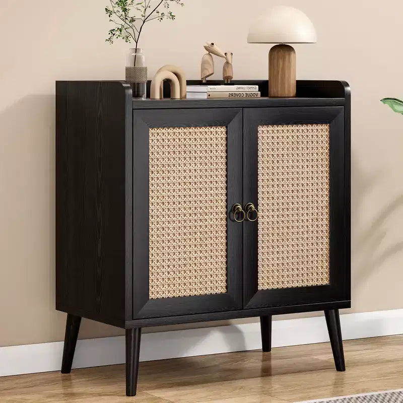 Sideboard Buffet Cabinet with Storage, Bar Liquor Cabinet with Rattan Decorated Doors, Credenza Console Tablefor -Black