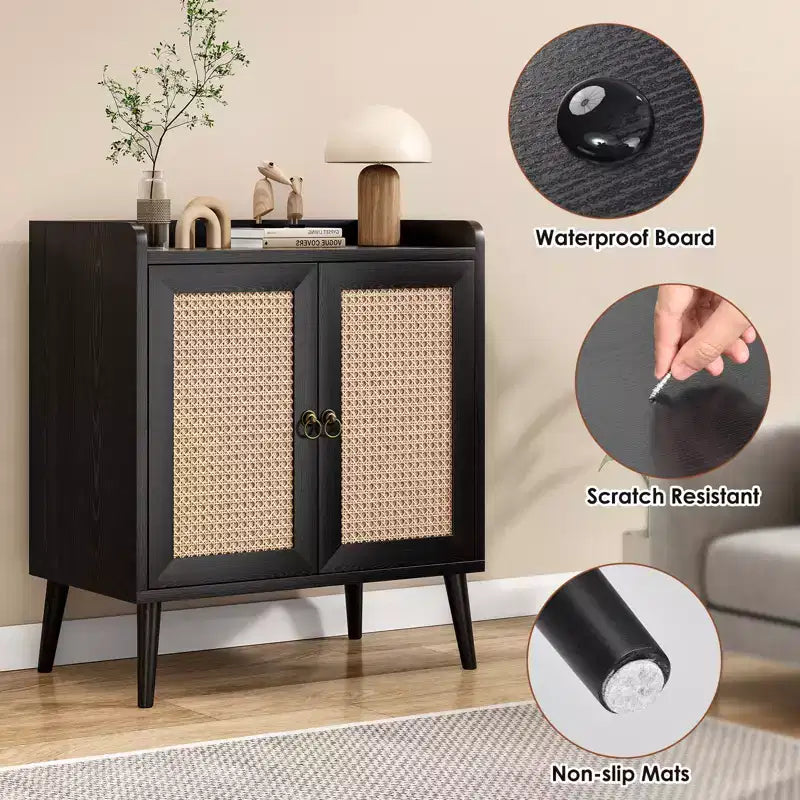 Sideboard Buffet Cabinet with Storage, Bar Liquor Cabinet with Rattan Decorated Doors, Credenza Console Tablefor -Black