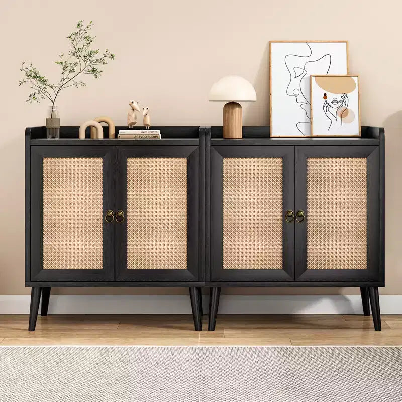 Sideboard Buffet Cabinet with Storage, Bar Liquor Cabinet with Rattan Decorated Doors, Credenza Console Tablefor -Black