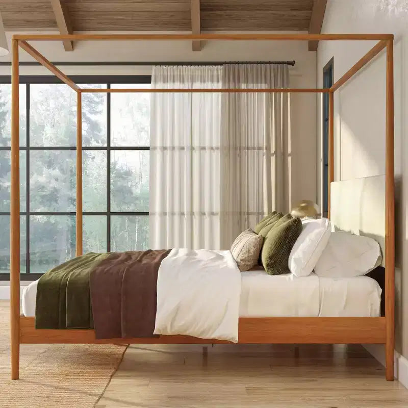 Harbor King Canopy Bed with Upholstered Headboard, Blonde/Swiss Coffee (-01)
