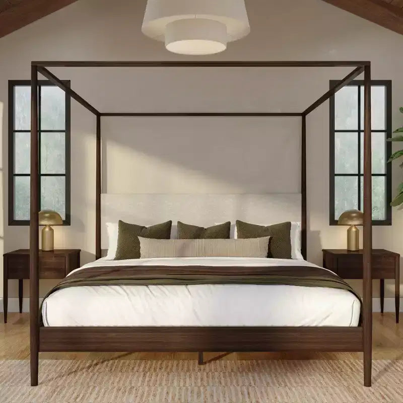 Harbor King Canopy Bed with Upholstered Headboard, Blonde/Swiss Coffee (-01)