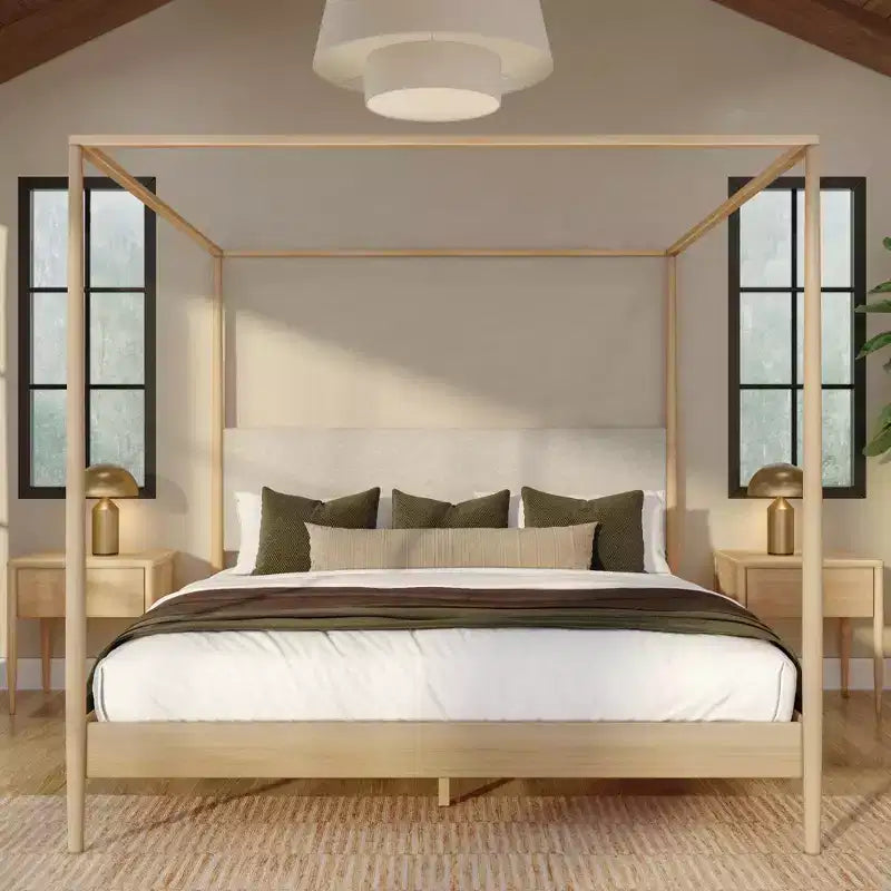 Harbor King Canopy Bed with Upholstered Headboard, Blonde/Swiss Coffee (-01)