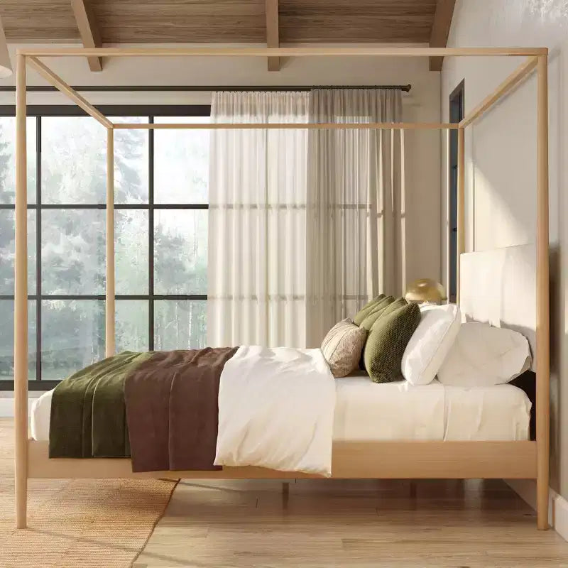 Harbor King Canopy Bed with Upholstered Headboard, Blonde/Swiss Coffee (-01)