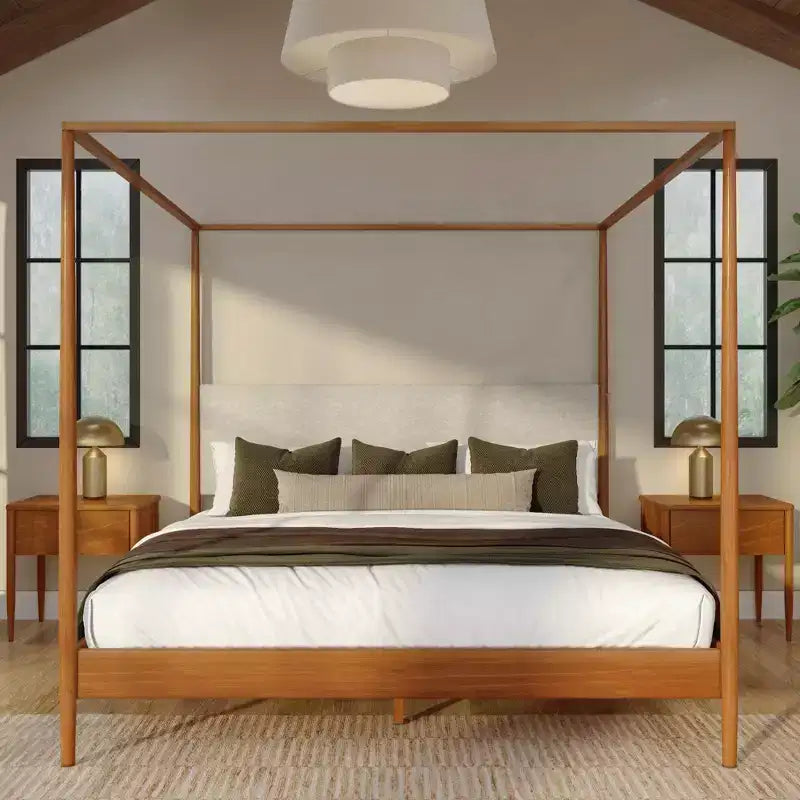 Harbor King Canopy Bed with Upholstered Headboard, Blonde/Swiss Coffee (-01)
