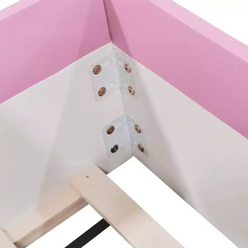 Twin/King Upholstered Daybed Frame with Fence and Stairs, Montessori Kids Floor Bed with Sturdy Slat , Pink+White