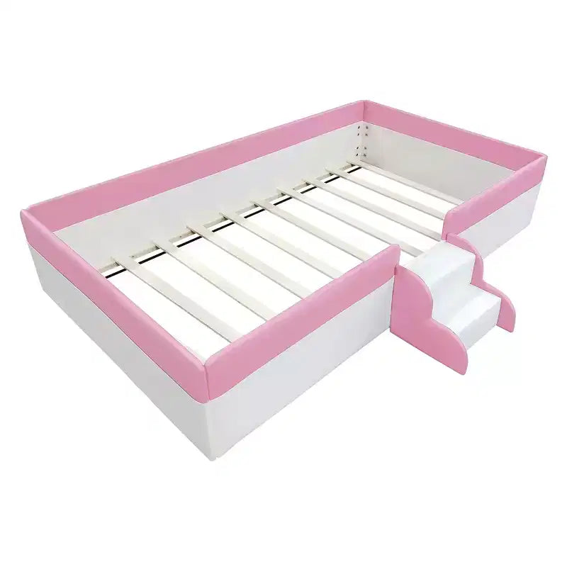 Twin/King Upholstered Daybed Frame with Fence and Stairs, Montessori Kids Floor Bed with Sturdy Slat , Pink+White
