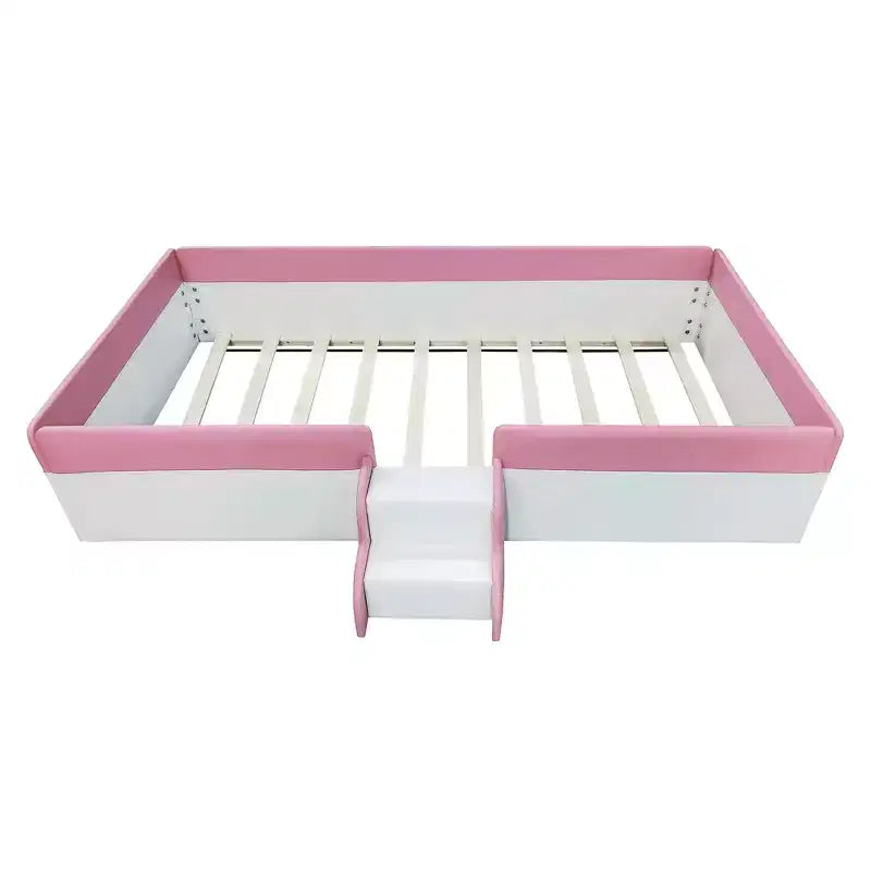 Twin/King Upholstered Daybed Frame with Fence and Stairs, Montessori Kids Floor Bed with Sturdy Slat , Pink+White
