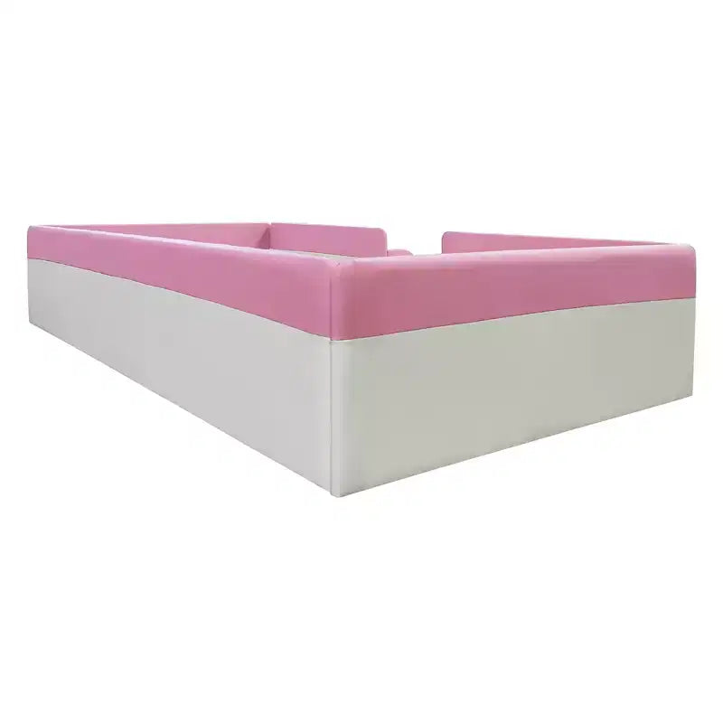 Twin/King Upholstered Daybed Frame with Fence and Stairs, Montessori Kids Floor Bed with Sturdy Slat , Pink+White