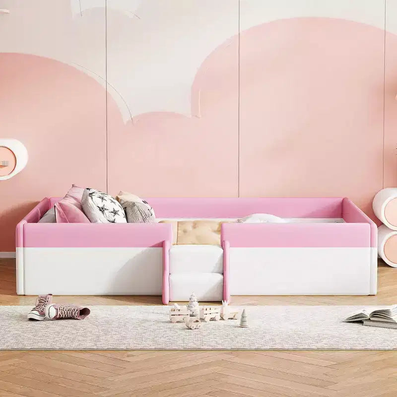 Twin/King Upholstered Daybed Frame with Fence and Stairs, Montessori Kids Floor Bed with Sturdy Slat , Pink+White