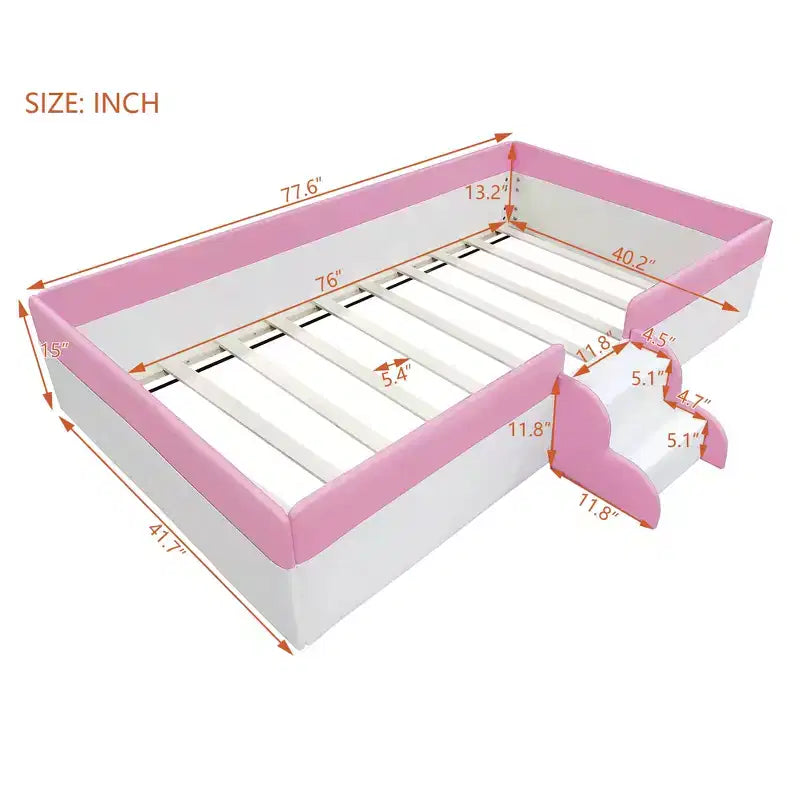 Twin/King Upholstered Daybed Frame with Fence and Stairs, Montessori Kids Floor Bed with Sturdy Slat , Pink+White
