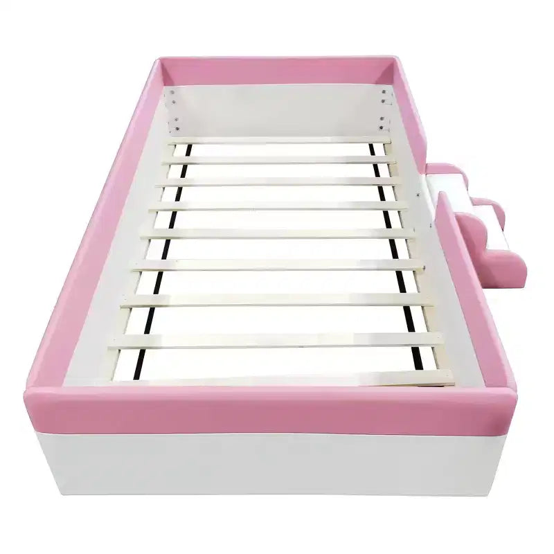 Twin/King Upholstered Daybed Frame with Fence and Stairs, Montessori Kids Floor Bed with Sturdy Slat , Pink+White