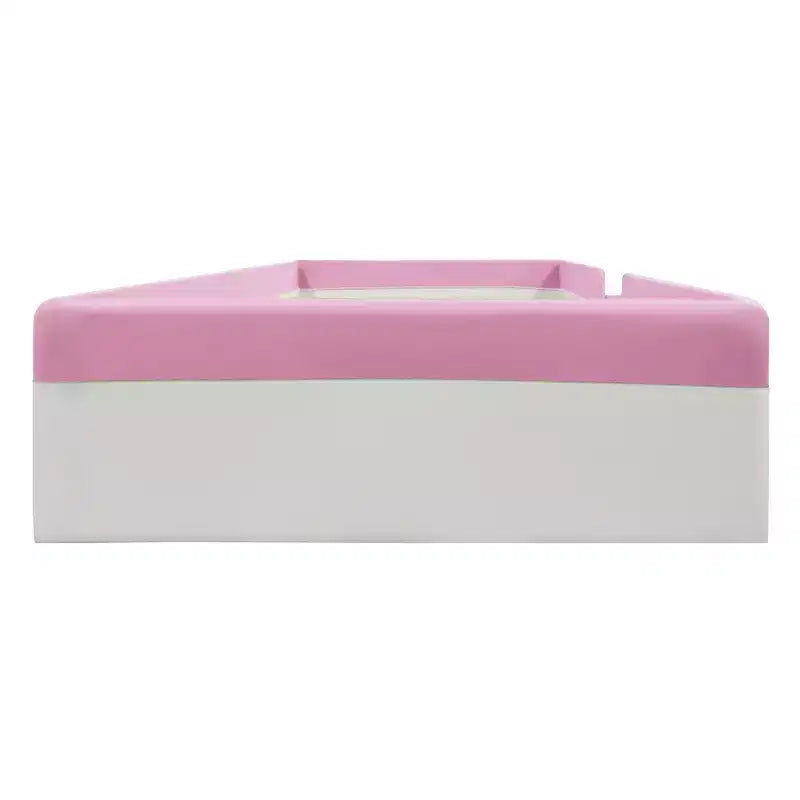 Twin/King Upholstered Daybed Frame with Fence and Stairs, Montessori Kids Floor Bed with Sturdy Slat , Pink+White