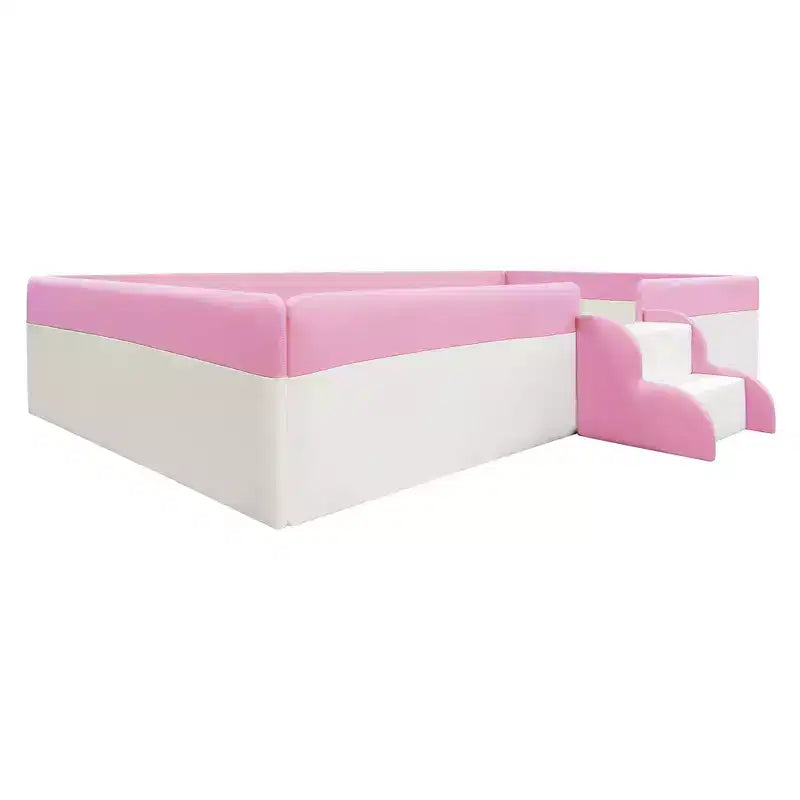 Twin/King Upholstered Daybed Frame with Fence and Stairs, Montessori Kids Floor Bed with Sturdy Slat , Pink+White