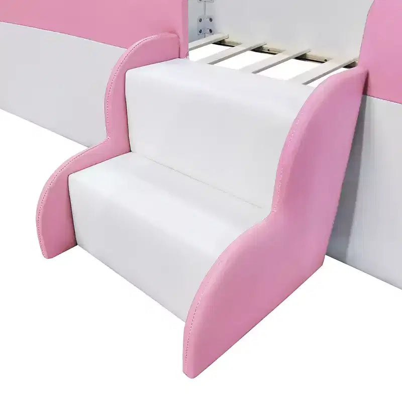 Twin/King Upholstered Daybed Frame with Fence and Stairs, Montessori Kids Floor Bed with Sturdy Slat , Pink+White