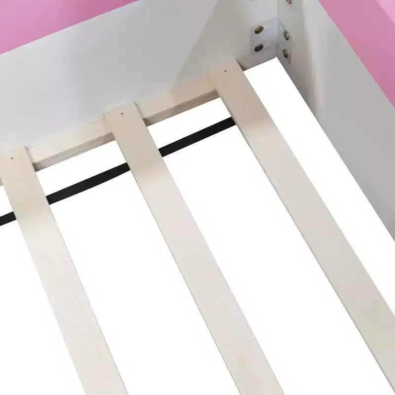 Twin/King Upholstered Daybed Frame with Fence and Stairs, Montessori Kids Floor Bed with Sturdy Slat , Pink+White