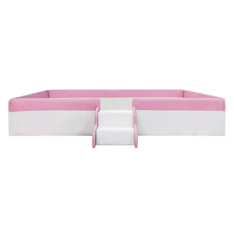 Twin/King Upholstered Daybed Frame with Fence and Stairs, Montessori Kids Floor Bed with Sturdy Slat , Pink+White