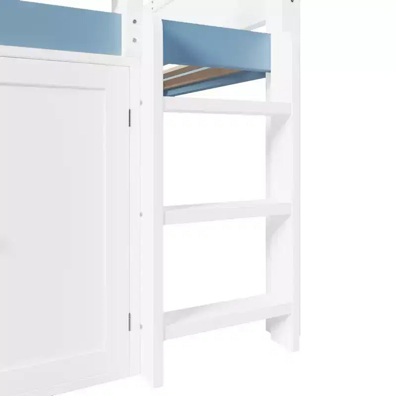 Whisen Full Size Loft Bed, House-Inspired Design with Canopy Roof and Storage Cabinet