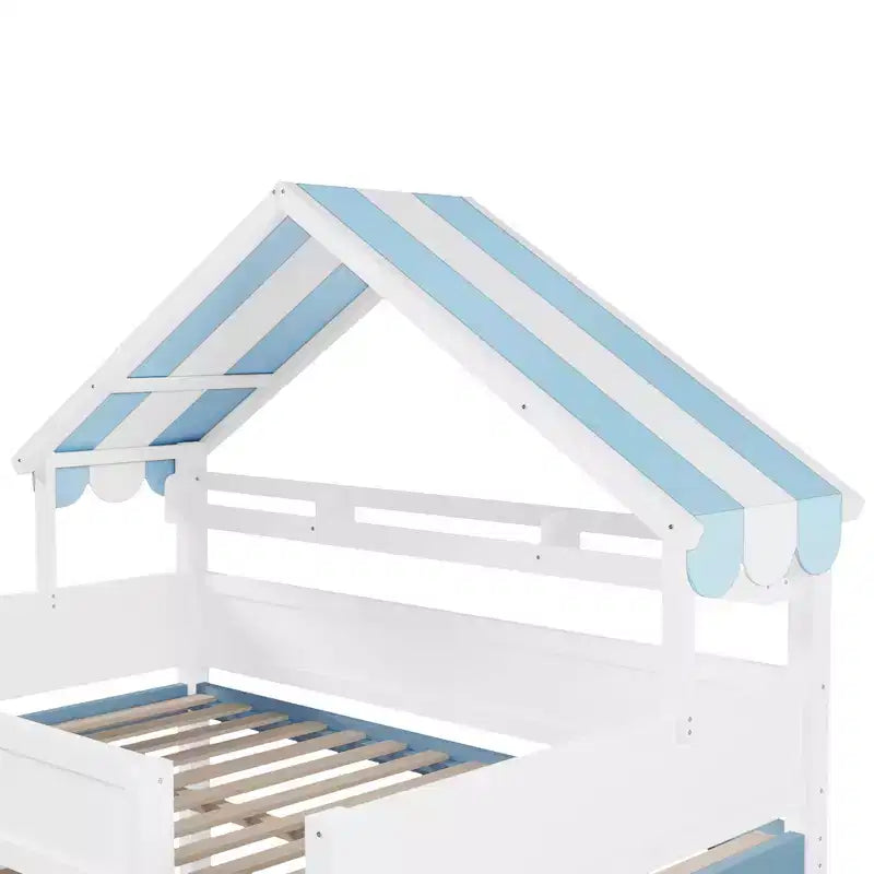 Whisen Full Size Loft Bed, House-Inspired Design with Canopy Roof and Storage Cabinet