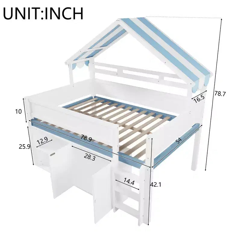 Whisen Full Size Loft Bed, House-Inspired Design with Canopy Roof and Storage Cabinet