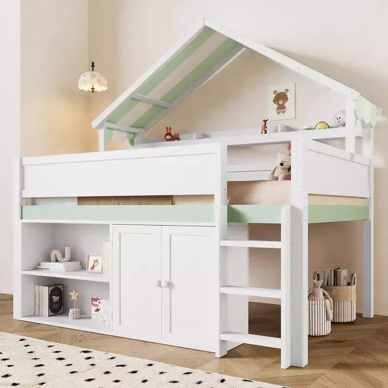 Whisen Full Size Loft Bed, House-Inspired Design with Canopy Roof and Storage Cabinet