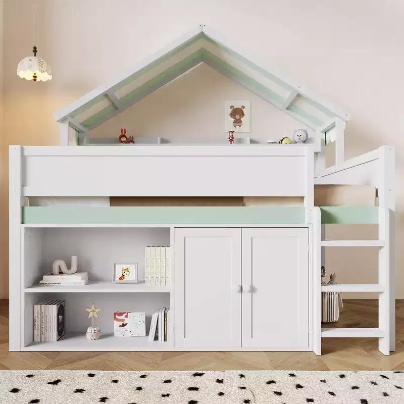 Whisen Full Size Loft Bed, House-Inspired Design with Canopy Roof and Storage Cabinet