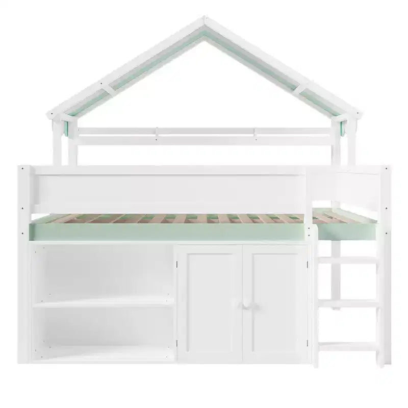 Whisen Full Size Loft Bed, House-Inspired Design with Canopy Roof and Storage Cabinet
