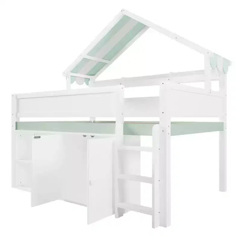 Whisen Full Size Loft Bed, House-Inspired Design with Canopy Roof and Storage Cabinet
