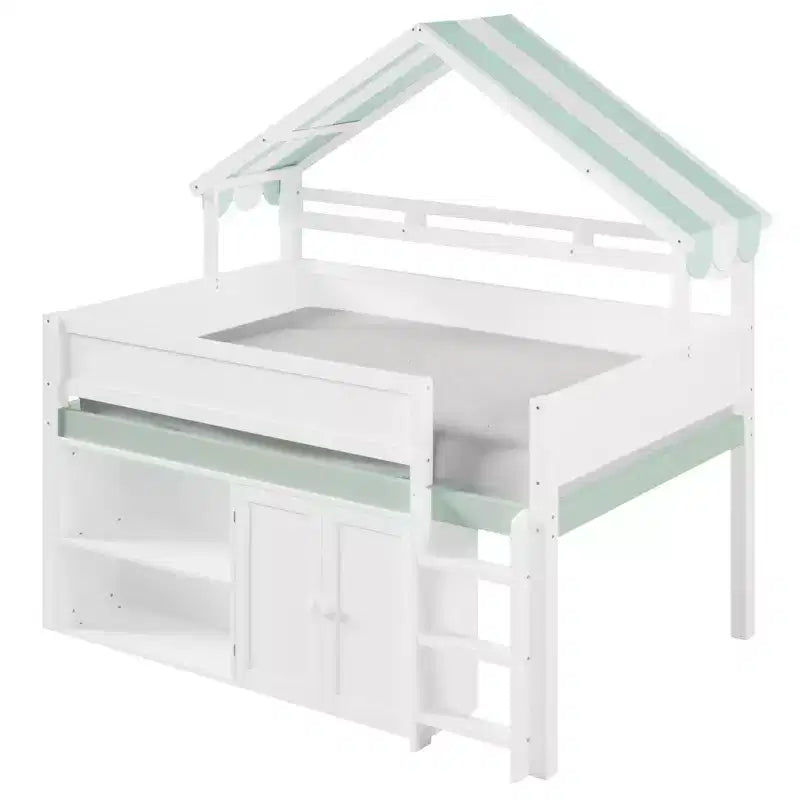 Whisen Full Size Loft Bed, House-Inspired Design with Canopy Roof and Storage Cabinet
