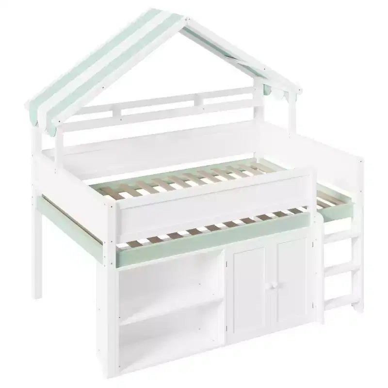 Whisen Full Size Loft Bed, House-Inspired Design with Canopy Roof and Storage Cabinet
