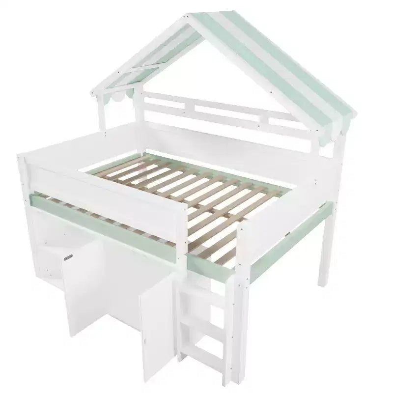 Whisen Full Size Loft Bed, House-Inspired Design with Canopy Roof and Storage Cabinet