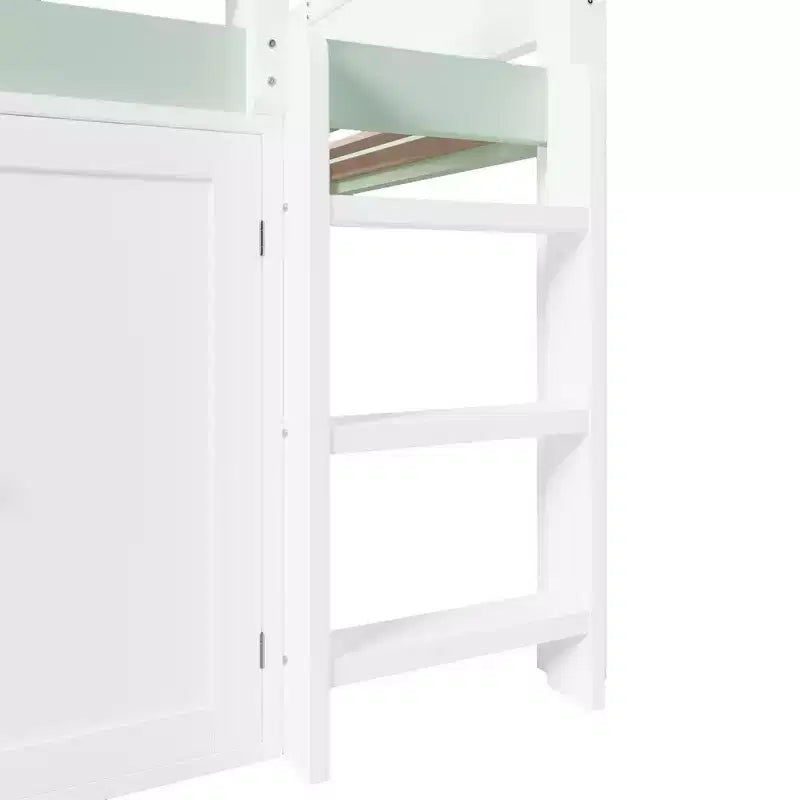 Whisen Full Size Loft Bed, House-Inspired Design with Canopy Roof and Storage Cabinet