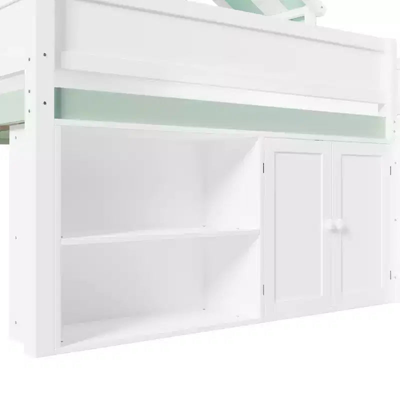 Whisen Full Size Loft Bed, House-Inspired Design with Canopy Roof and Storage Cabinet