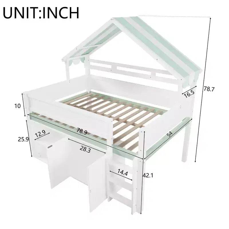Whisen Full Size Loft Bed, House-Inspired Design with Canopy Roof and Storage Cabinet