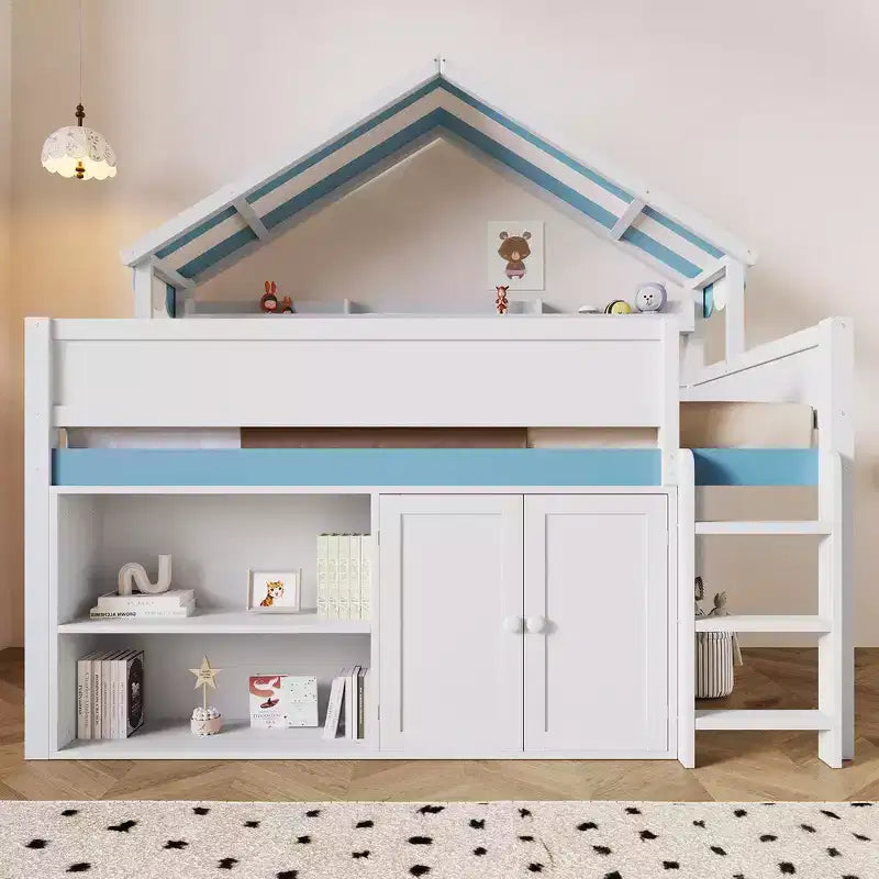 Whisen Full Size Loft Bed, House-Inspired Design with Canopy Roof and Storage Cabinet