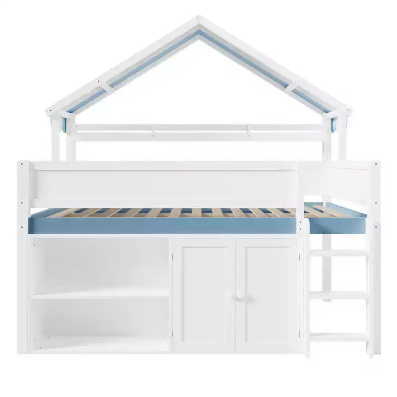 Whisen Full Size Loft Bed, House-Inspired Design with Canopy Roof and Storage Cabinet