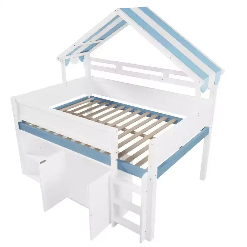 Whisen Full Size Loft Bed, House-Inspired Design with Canopy Roof and Storage Cabinet