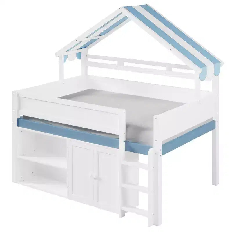 Whisen Full Size Loft Bed, House-Inspired Design with Canopy Roof and Storage Cabinet