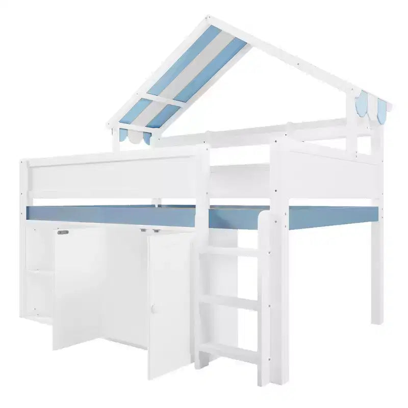 Whisen Full Size Loft Bed, House-Inspired Design with Canopy Roof and Storage Cabinet