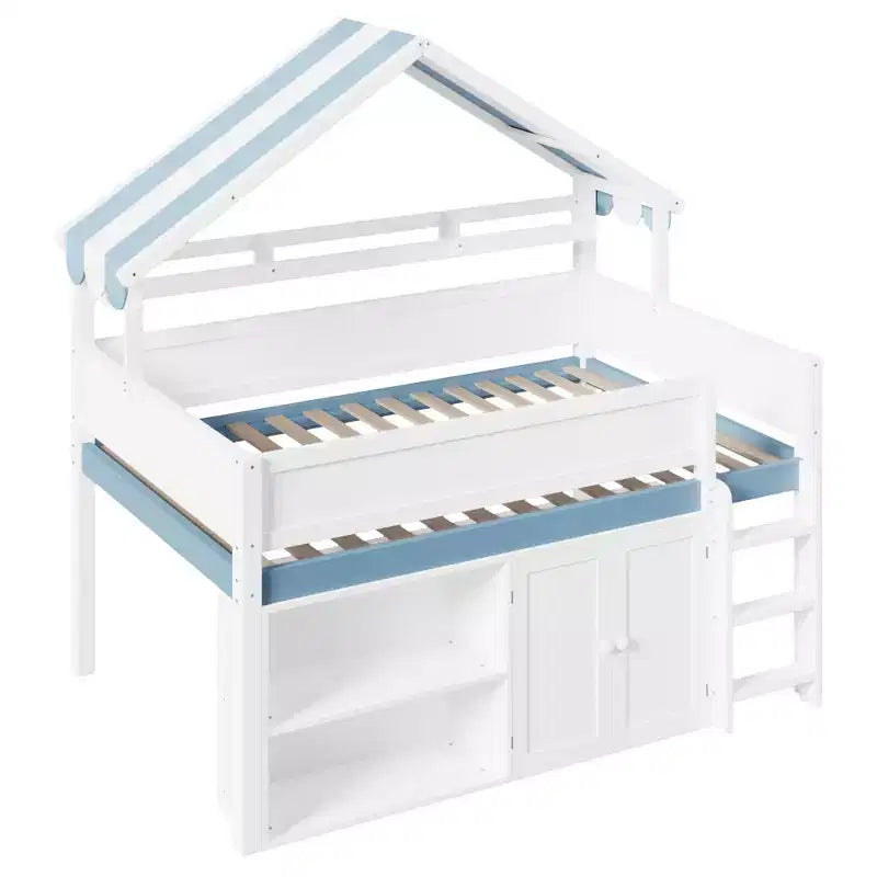 Whisen Full Size Loft Bed, House-Inspired Design with Canopy Roof and Storage Cabinet