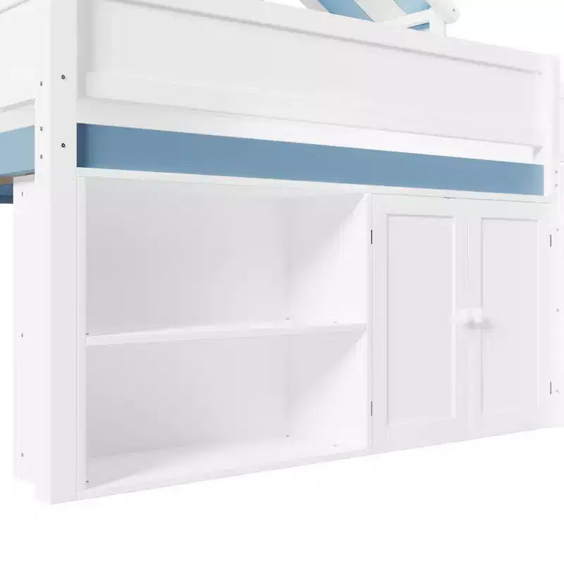 Whisen Full Size Loft Bed, House-Inspired Design with Canopy Roof and Storage Cabinet