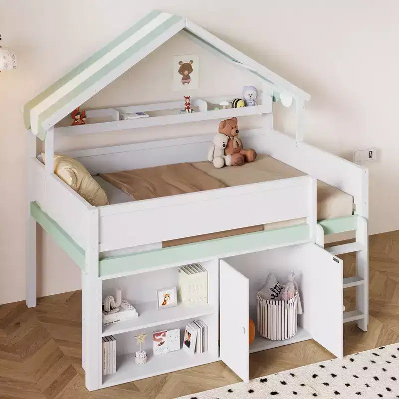 Whisen Full Size Loft Bed, House-Inspired Design with Canopy Roof and Storage Cabinet