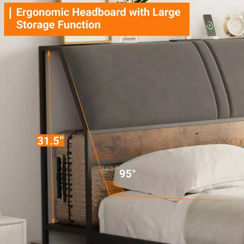 Platform Bed Frame with Upholstered Headboard, Charging Station, Durable Metal Frame, Noiseless, No Spring Mattress Required, Easy to Assemble