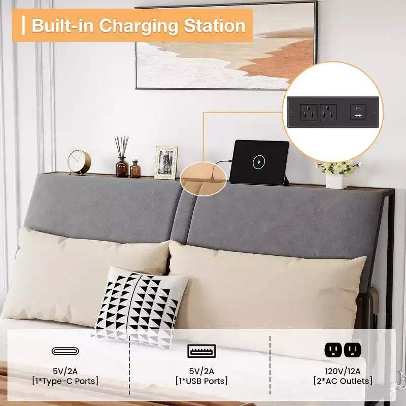 Platform Bed Frame with Upholstered Headboard, Charging Station, Durable Metal Frame, Noiseless, No Spring Mattress Required, Easy to Assemble